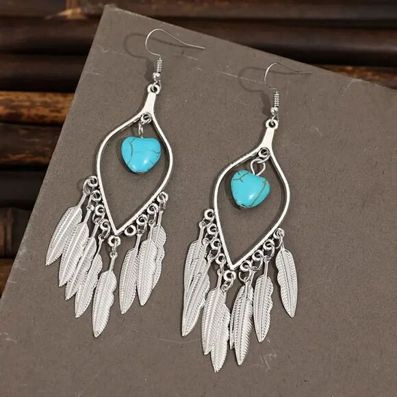 New - Boho Feather Tassel Heart Turquoise Dangle Earrings - Picture 8 of 9